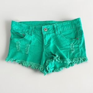 Green Distressed Denim Micro Mini Short Women Y2K Low Rise Raw Hem Festival Sz 9